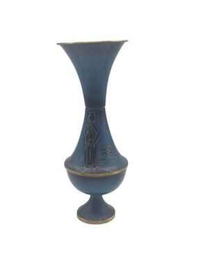 Vintage Hand Painted Blue Black Brass Enamel Vase Jerusalem Israel Traditional